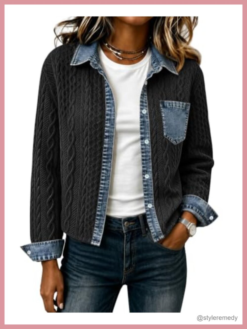 Cropped Denim Collared Bomber Jacket Cable Knit Shacket